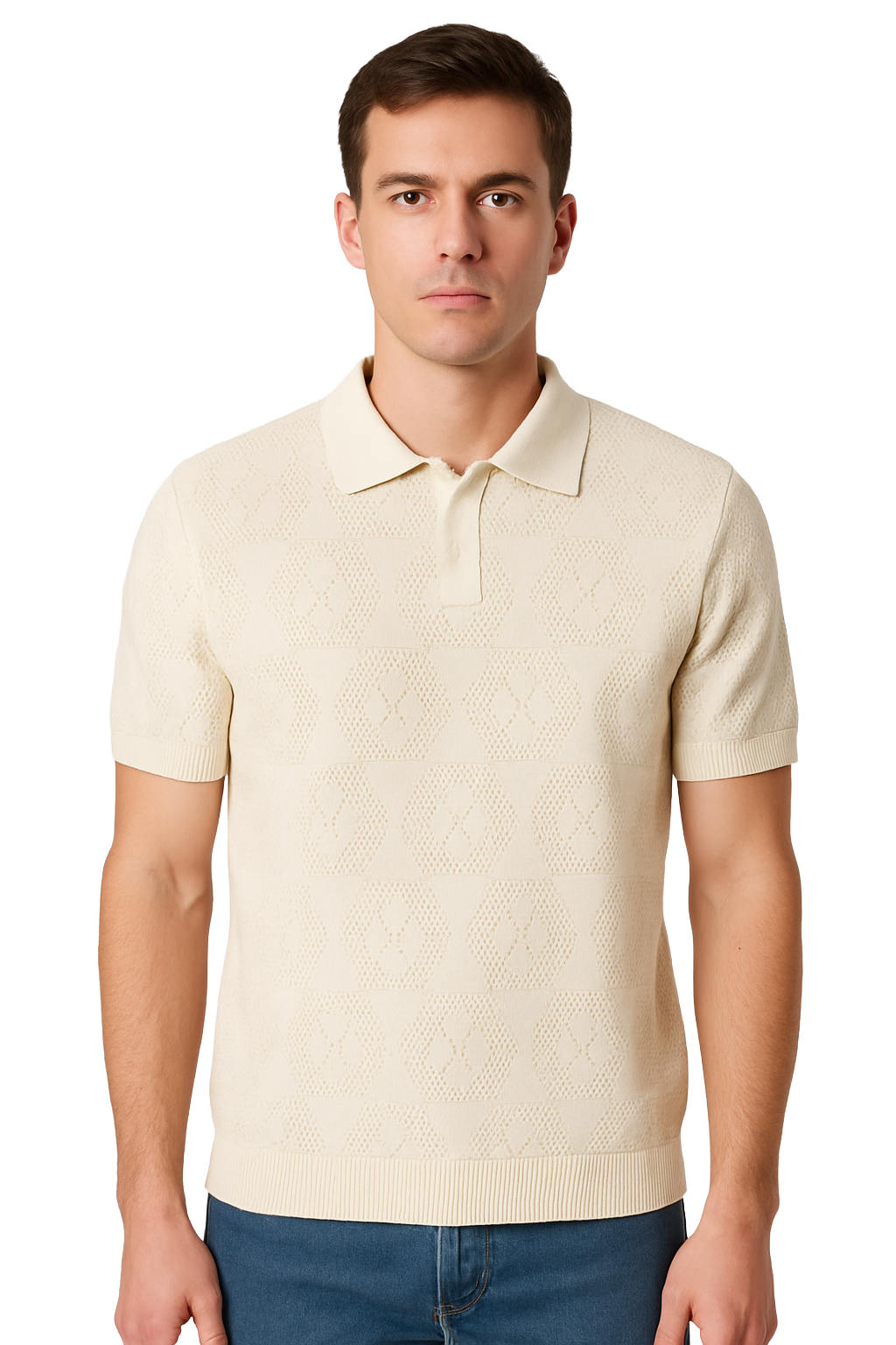 Men's Cream Polo Shirt Textured Knit Short Sleeve Cotton | NOIR MEN