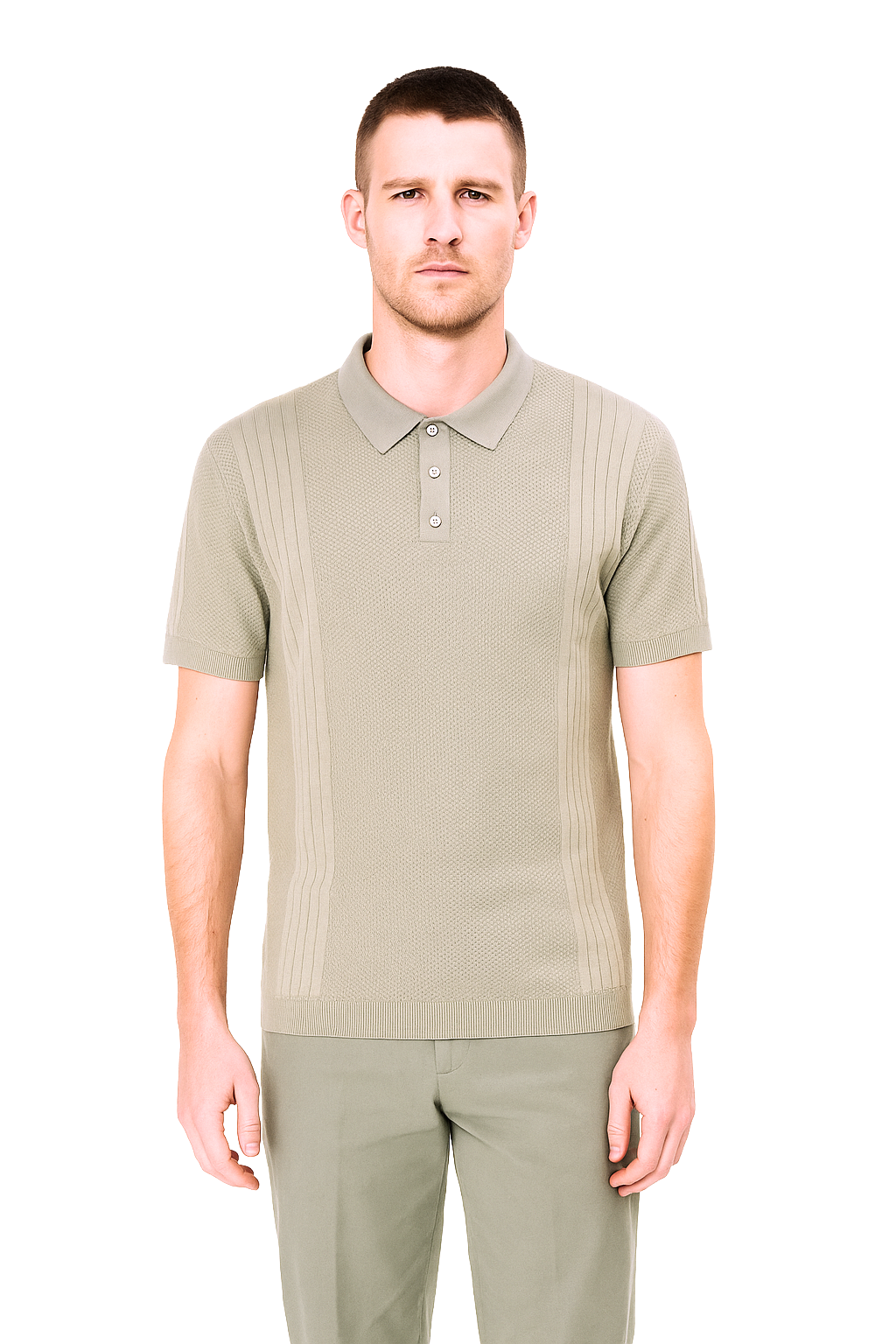 Man wearing a beige polo shirt and pants on a white background