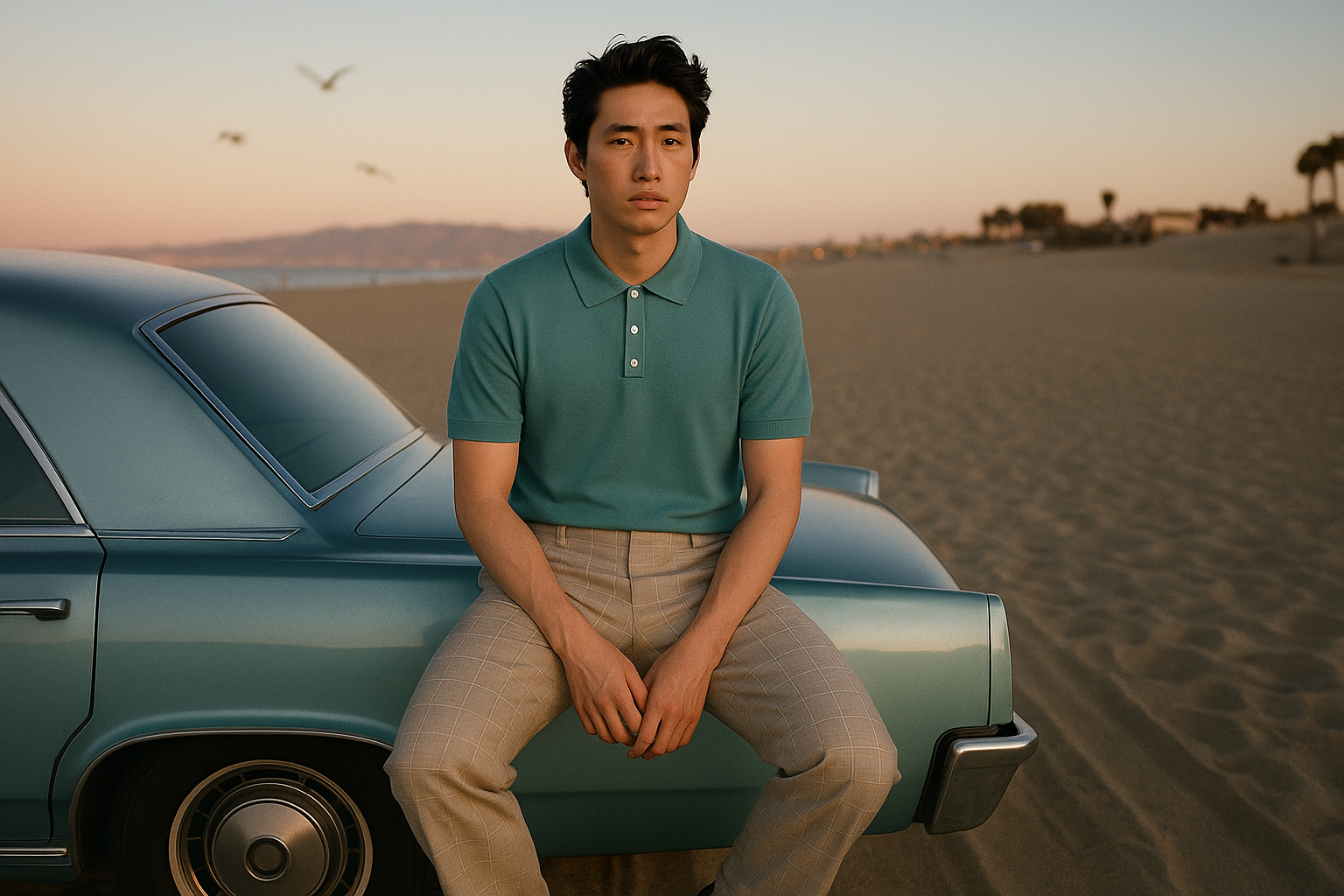 "Model wearing sage green cotton polo shirt casual styling outfit"
