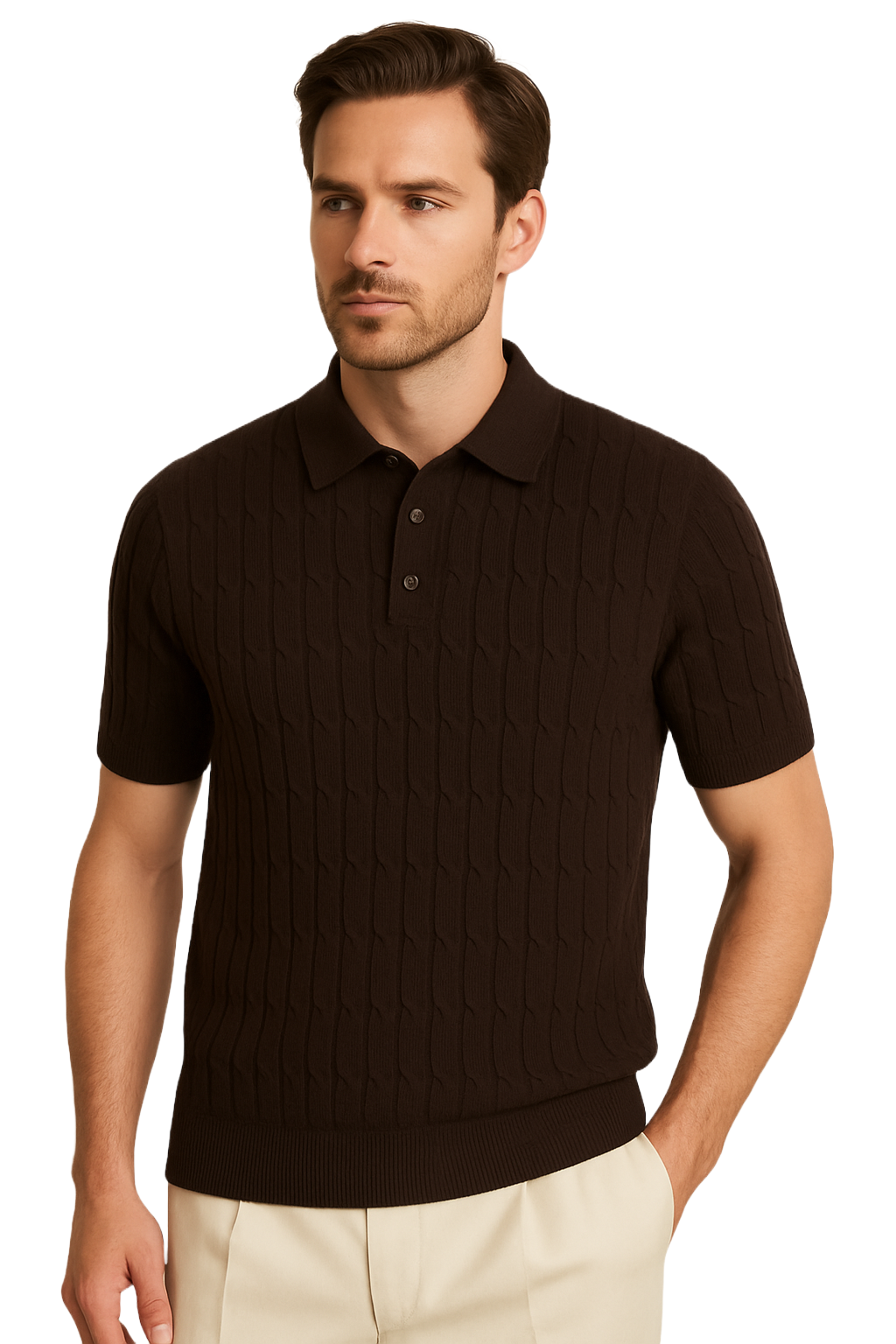 Men’s Dark Brown Cable-Knit Polo T-Shirt | Premium Textured Collar T-Shirt in Cotton Blend