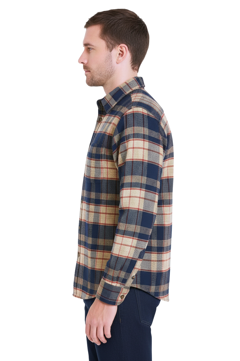 Navy Checkered Shirt Men - Thick 100% Cotton Winter Shirt | NOIR MEN