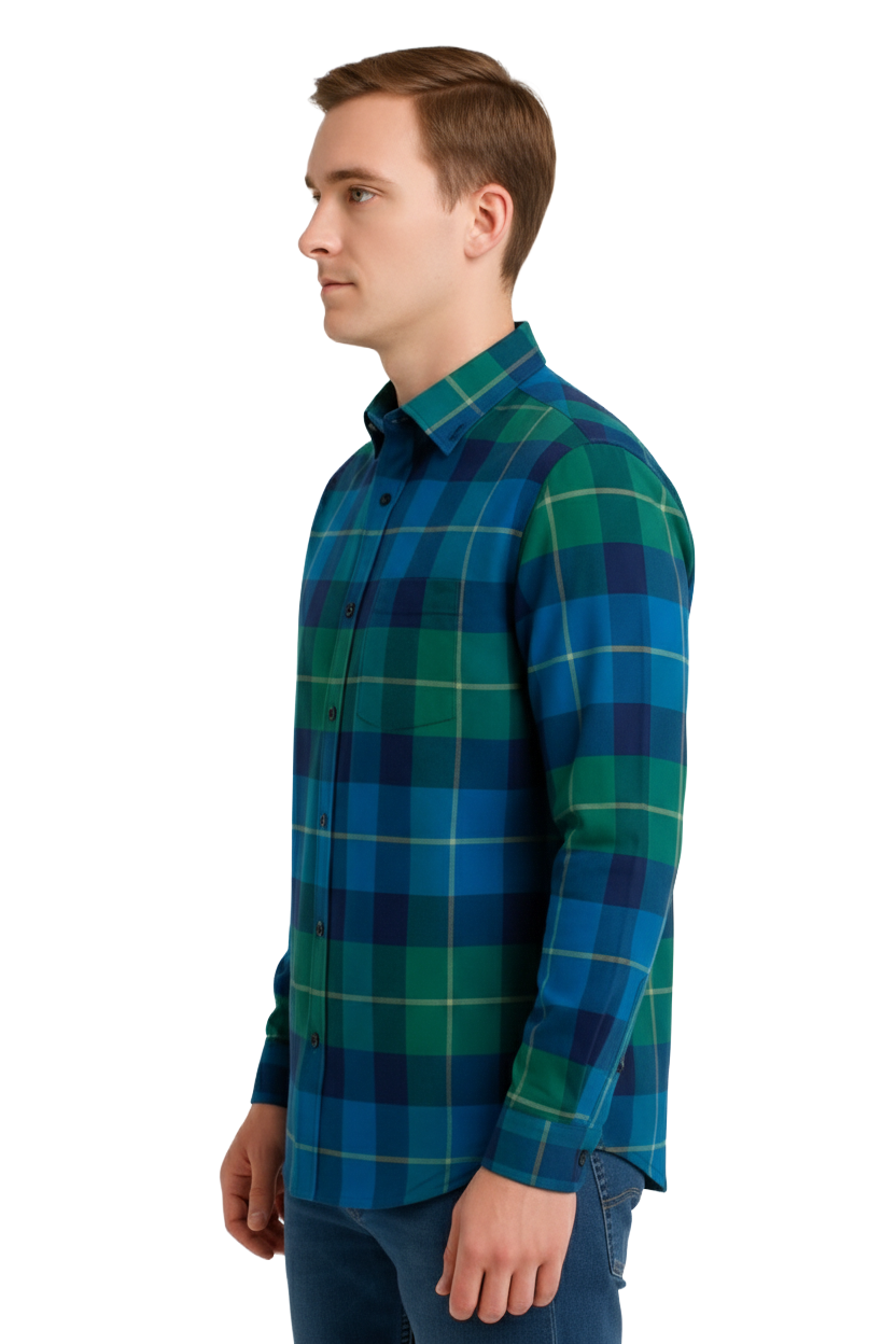 Men's Blue Green Check Shirt | 100% Yarn Dyed Cotton | Pre Winter Wear