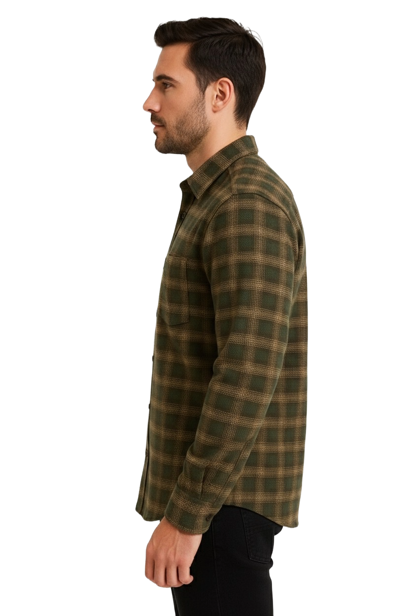 Men's Thick Cotton Shirts for Winter - Olive Plaid 100% Cotton | Shop Noir Men