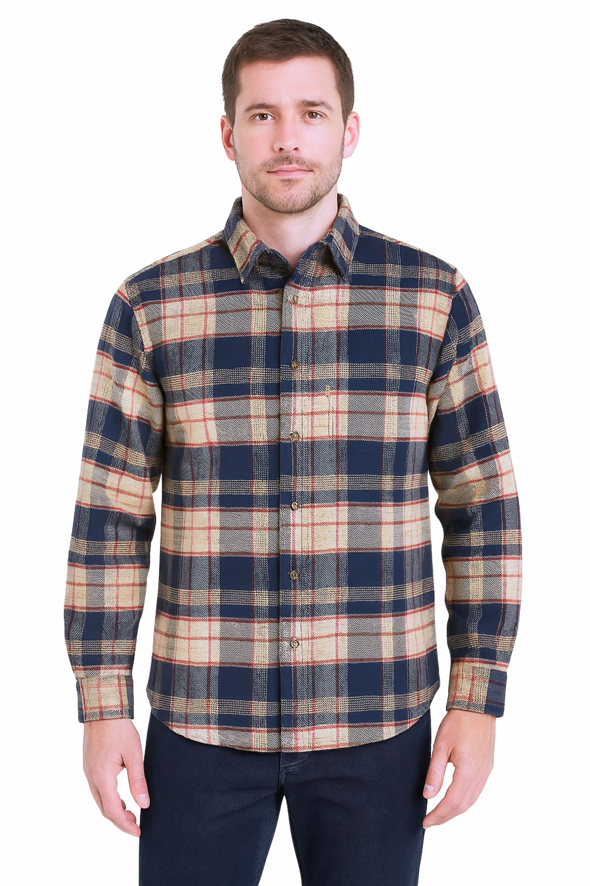 Navy Checkered Shirt Men - Thick 100% Cotton Winter Shirt | NOIR MEN