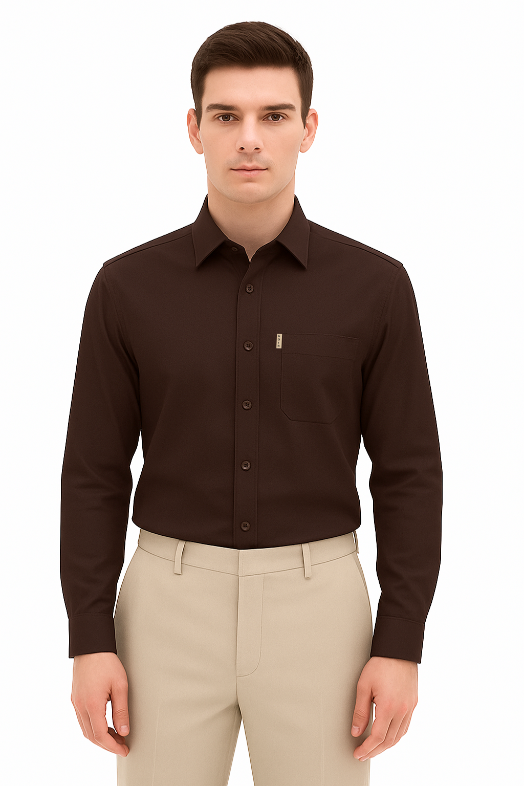  "Men's brown dress shirt 100% cotton with chest pocket - formal business casual wear styled with beige trousers"
